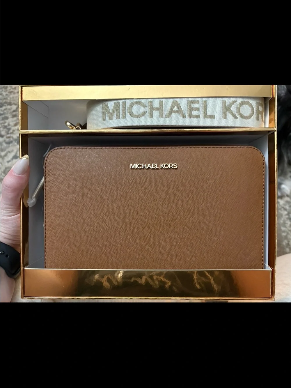 Michael Kors Brown Leather Crossbody with Branded Canvas Strap